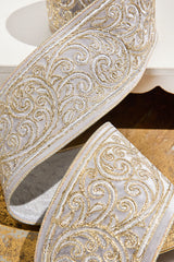 4" x 5 Yard Gold Embroidered Silver Velvet Ribbon