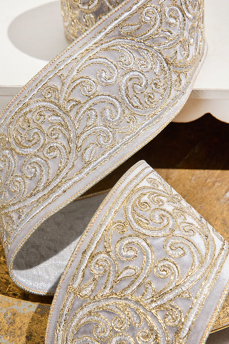 4" x 5 Yard Gold Embroidered Silver Velvet Ribbon