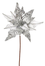 Silver & White Sequin Glitter Poinsettia 31 Inch White Christmas