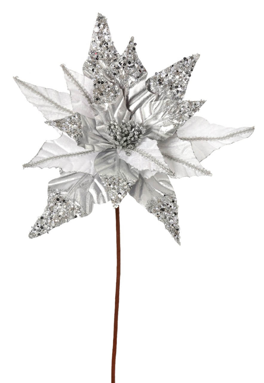 31” x 17" Silver & White Sequin Glitter Poinsettia