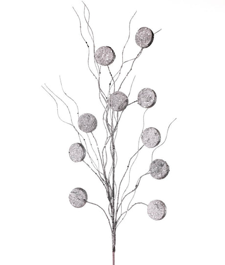 33 Inch Glitter Silver Dollar & Twig Spray – Silver Decorative Christmas Floral Pick