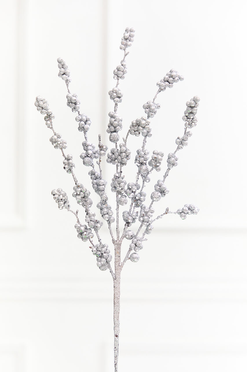 26" Silver Glitter Berries Spray