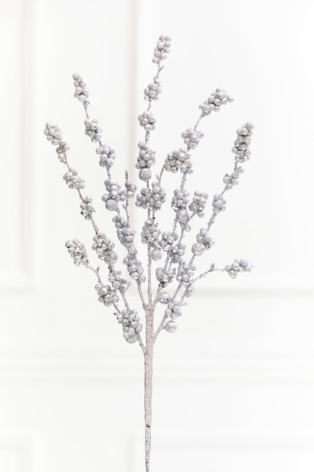 26" Silver Glitter Berries Spray