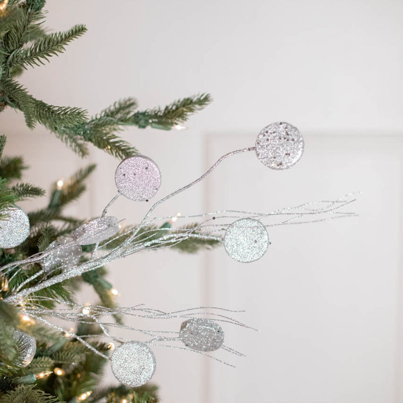 33” Glitter Silver Dollar/Twig Spray Silver
