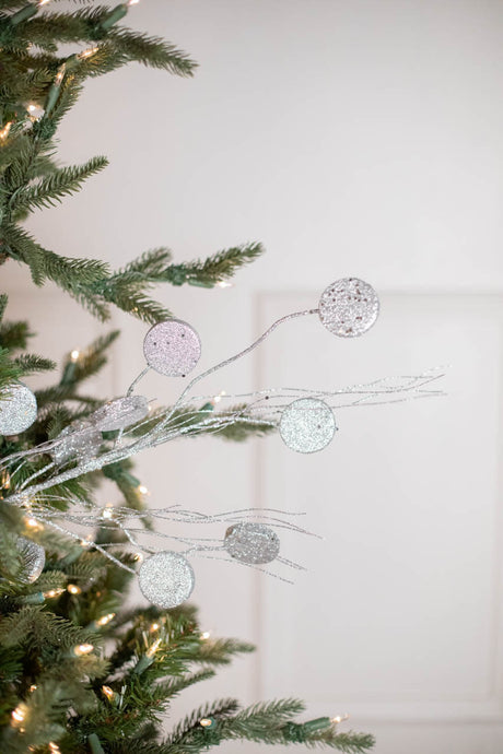33” Glitter Silver Dollar/Twig Spray Silver