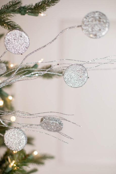 33 Inch Glitter Silver Dollar & Twig Spray – Silver Decorative Christmas Floral Pick