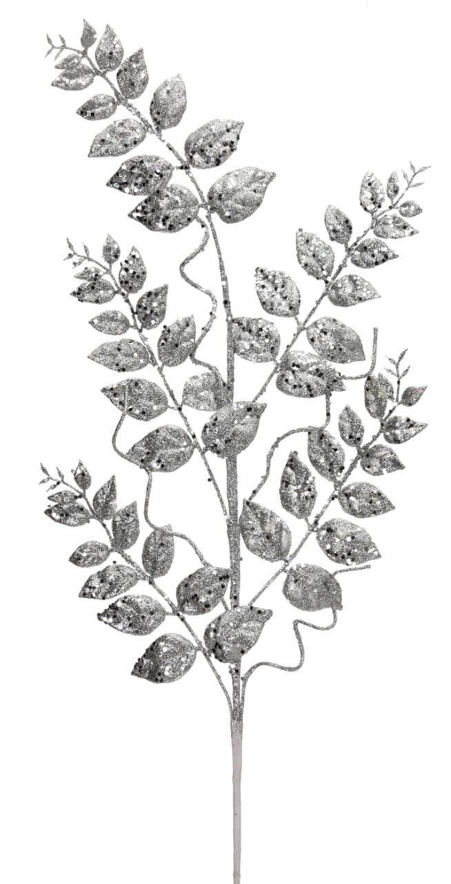 35” Glitter/Mica Layer Fern Spray – Silver Elegant Holiday Stem