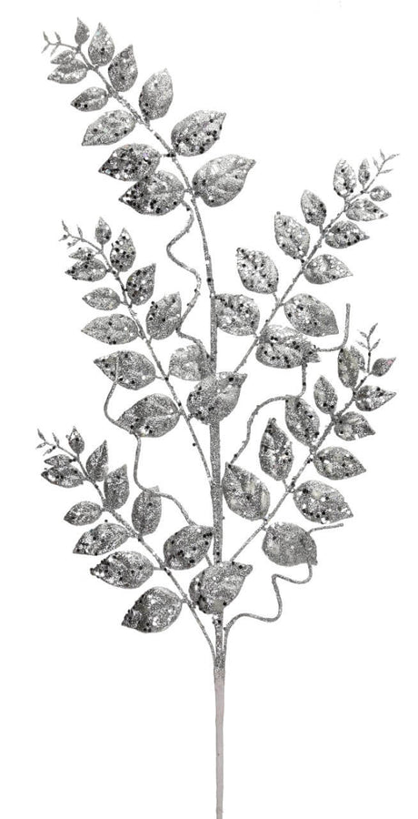 35” Glitter/Mica Layer Fern Spray – Silver Elegant Holiday Stem