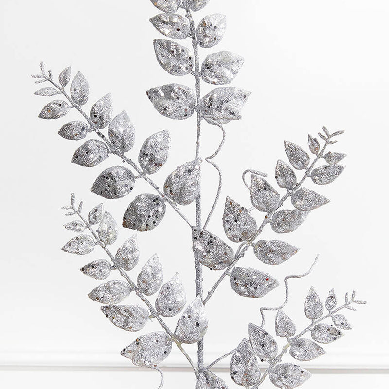35” Glitter/Mica Layer Fern Spray – Silver Elegant Holiday Stem