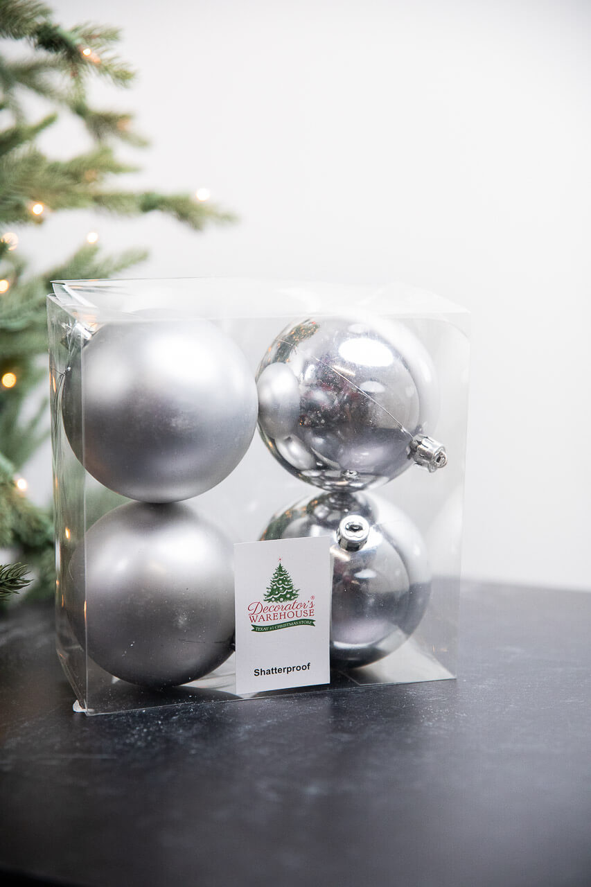 3.9” Shiny/Matte Silver Shatterproof Ornaments - Set of 4