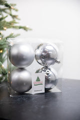 3.9” Shiny/Matte Silver Shatterproof Ornaments - Set of 4