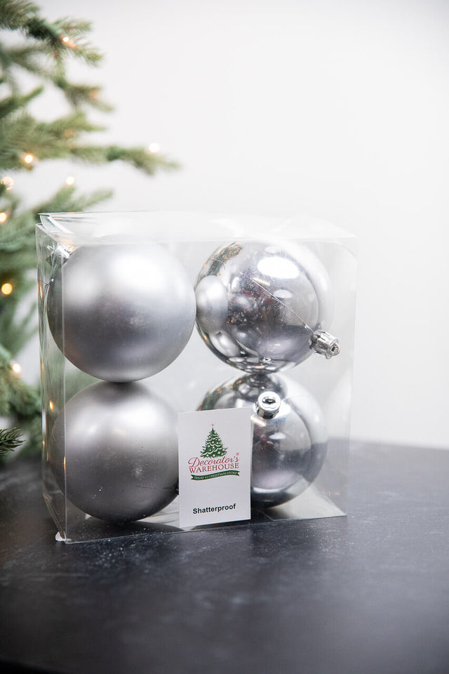 3.9” Shiny/Matte Silver Shatterproof Ornaments - Set of 4