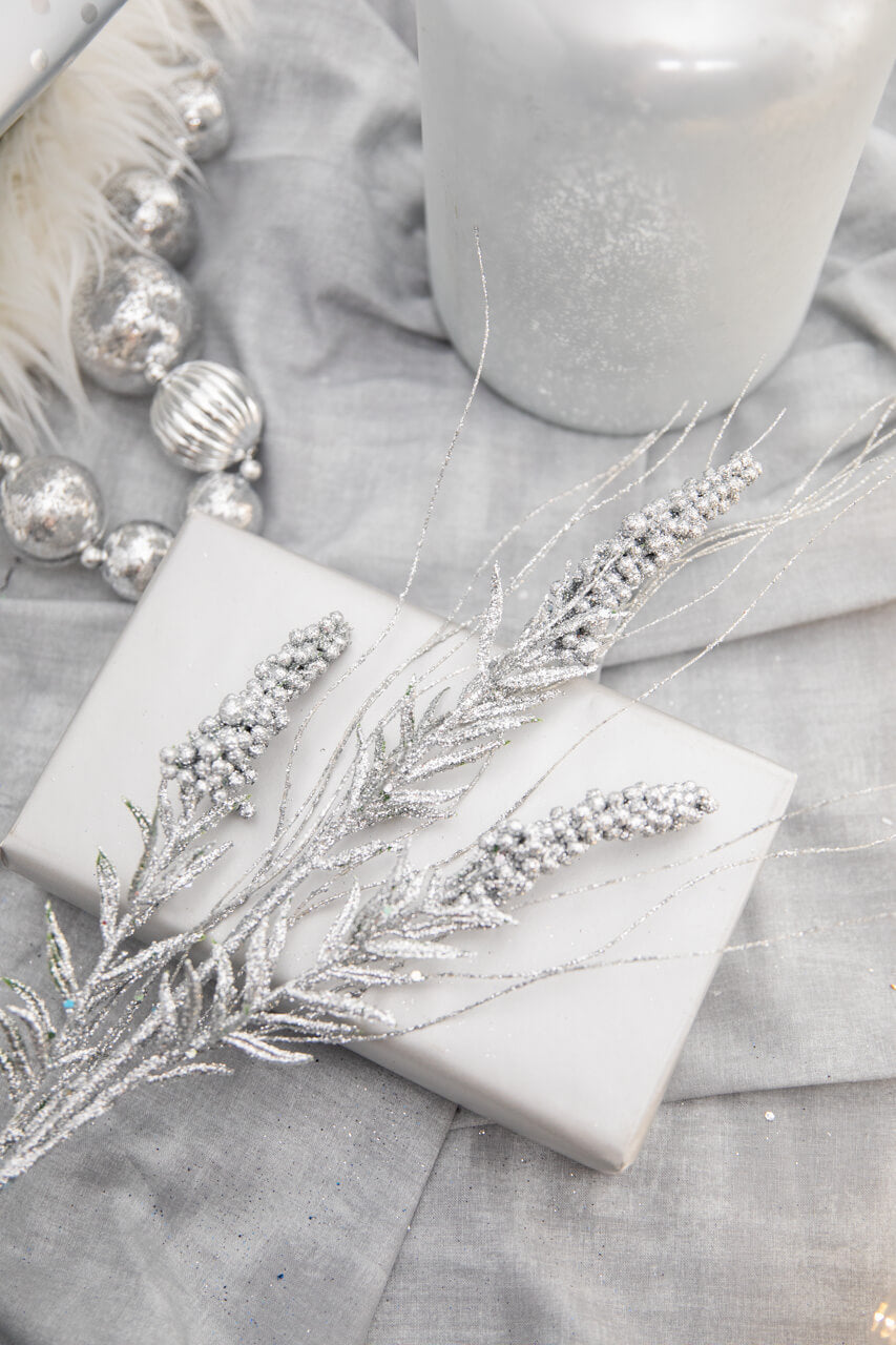 30” Silver Glitter Berry Spike/Twig Christmas Spray