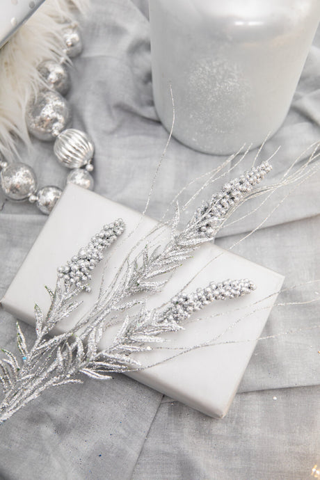 30 Inch Silver Glitter Berry Spike/Twig Christmas Spray