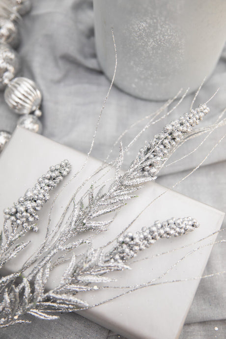 30” Silver Glitter Berry Spike/Twig Christmas Spray
