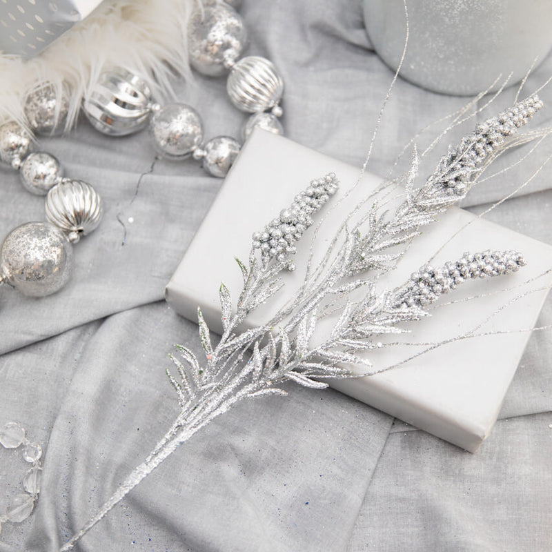 30 Inch Silver Glitter Berry Spike/Twig Christmas Spray