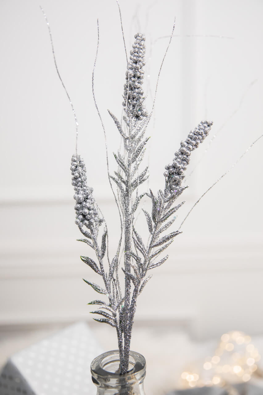 30 Inch Silver Glitter Berry Spike/Twig Christmas Spray