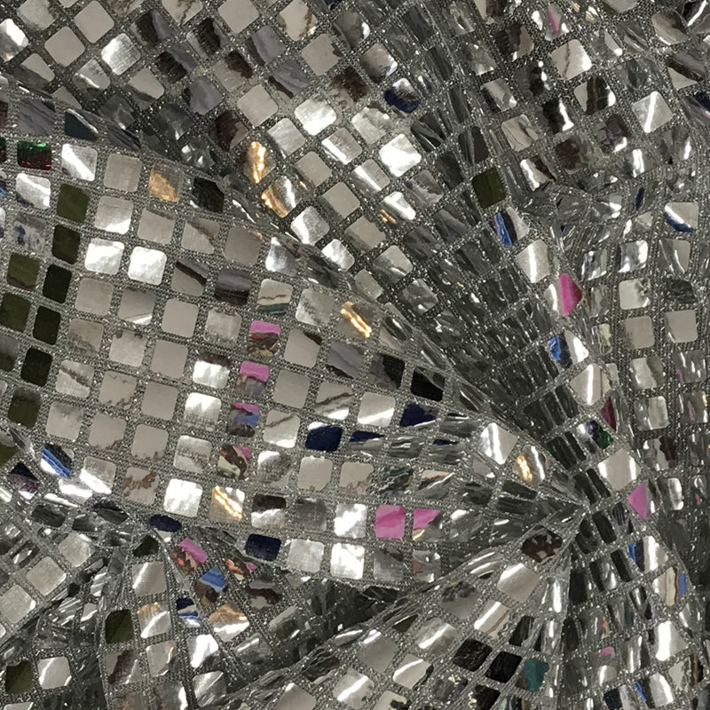 Silver Square Foil Sequin Fabric - Silver, Square Foil Glue On, 42" Width (1 Yard)