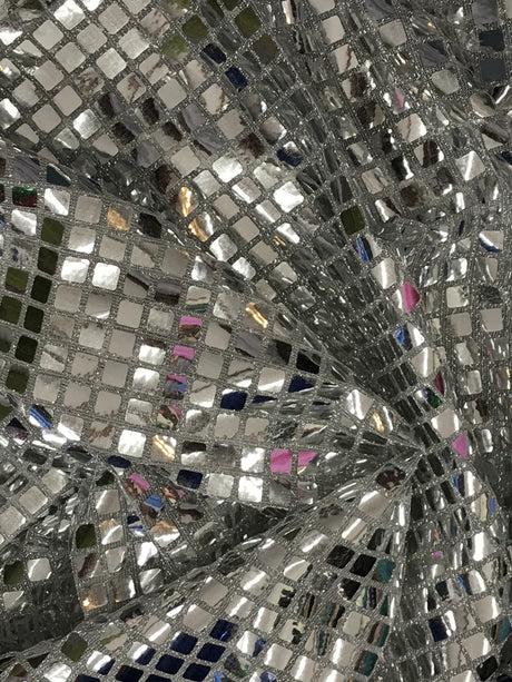 Silver Square Foil Sequin Fabric - Silver, Square Foil Glue On, 42" Width (1 Yard)