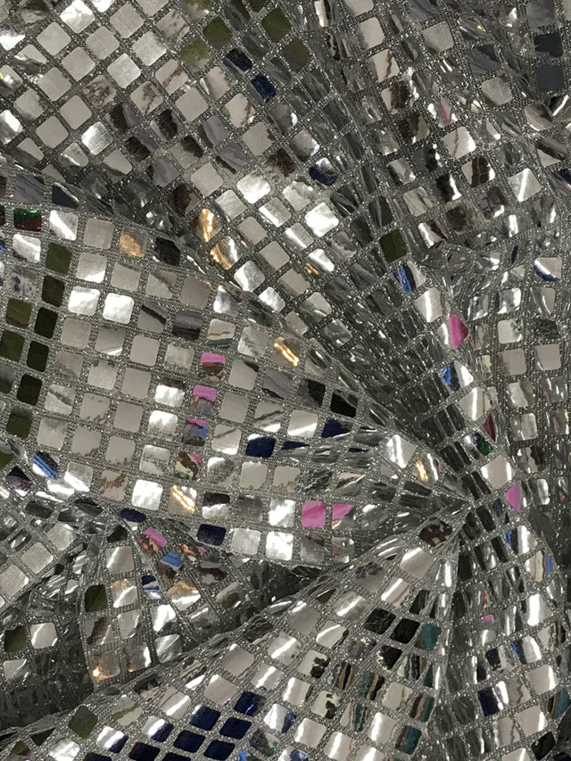 Silver Square Foil Sequin Fabric - Silver, Square Foil Glue On, 42" Width (1 Yard)