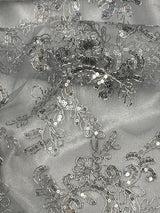 Elena's Lace Polyester Fabric - Gray Silver Corded Mesh Embroidered With Sequins, Double Scalloped Edge, 54" Width (1 Yard)