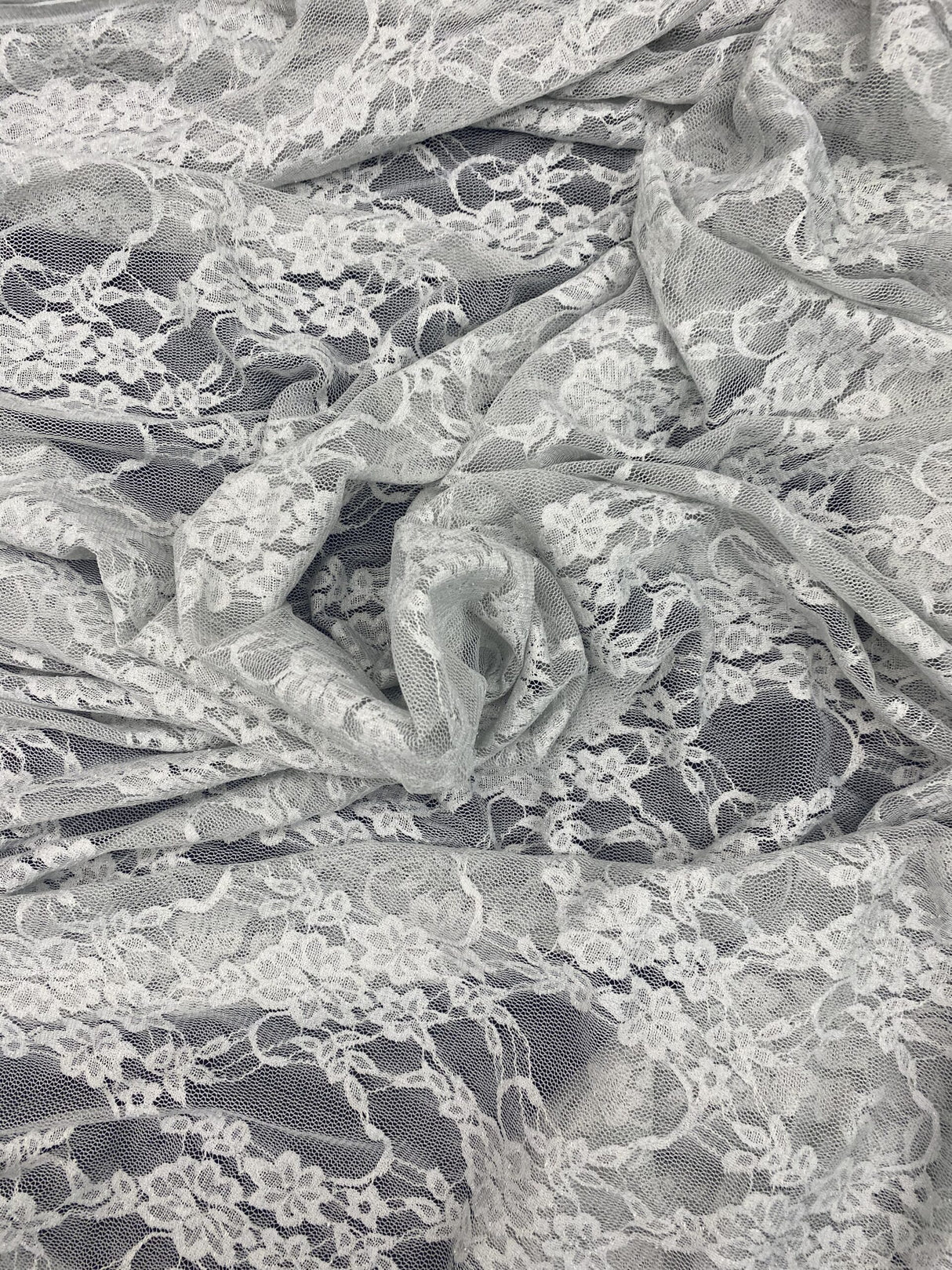Silver Stretch Lace Fabric - Shimmery Floral Sheer, 58/60" Width
