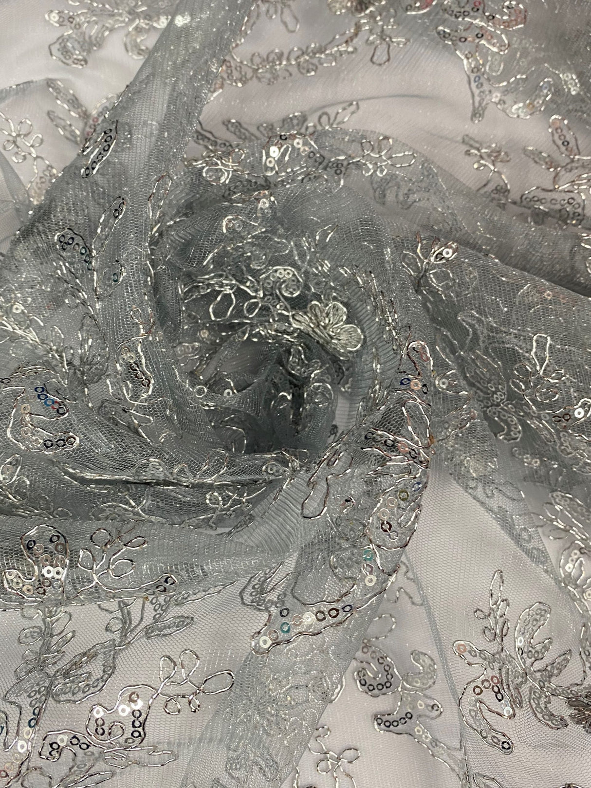 Elena's Lace Polyester Fabric - Gray Silver Corded Mesh Embroidered With Sequins, Double Scalloped Edge, 54" Width (1 Yard)