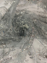 Elena's Lace Polyester Fabric - Gray Silver Corded Mesh Embroidered With Sequins, Double Scalloped Edge, 54" Width (1 Yard)