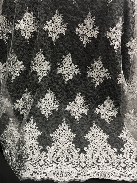 Metallic Silver Corded Lace Polyester Fabric - Silver, Sheer, 54/55" Width