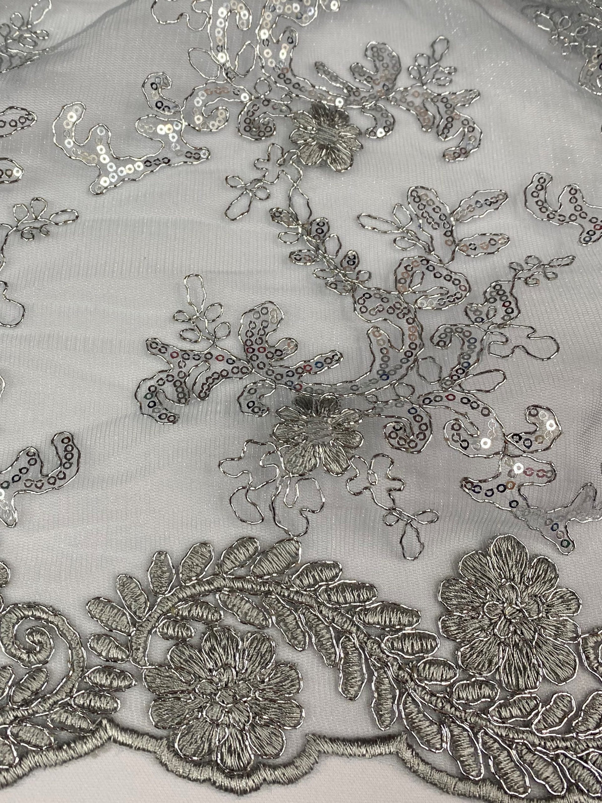 Elena's Lace Polyester Fabric - Gray Silver Corded Mesh Embroidered With Sequins, Double Scalloped Edge, 54" Width (1 Yard)