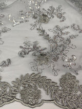 Elena's Lace Polyester Fabric - Gray Silver Corded Mesh Embroidered With Sequins, Double Scalloped Edge, 54" Width (1 Yard)