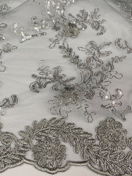 Elena's Lace Polyester Fabric - Gray Silver Corded Mesh Embroidered With Sequins, Double Scalloped Edge, 54" Width (1 Yard)