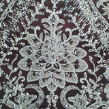 1 Yard Beaded & Sequined Lace Fabric Embroidered on 100% Polyester Net Mesh | Lace USA - GD-66722 - Silver - 52" -