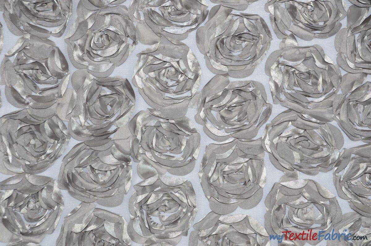Rosette Satin Bordeaux Polyester Fabric - 3D Floral Satin Embroidered On A Mesh, Bordeaux, 52" Width (1 Yard)