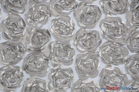 Rosette Satin Bordeaux Polyester Fabric - 3D Floral Satin Embroidered On A Mesh, Bordeaux, 52" Width (1 Yard)