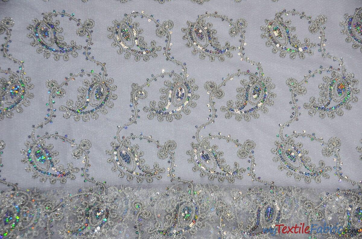 Coco Paisley Polyester Fabric - Sheer Embroidered Paisley, Double Scallop Lace, 52" Width (1 Yard)