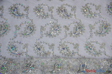 Coco Paisley Polyester Fabric - Sheer Embroidered Paisley, Double Scallop Lace, 52" Width (1 Yard)