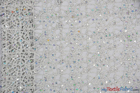 Open Weave Chain Chemical Lace Polyester Fabric - Sheer Metallic Open Work, Sequins Embellished, 50" Width, 10 Colors (1 Yard)