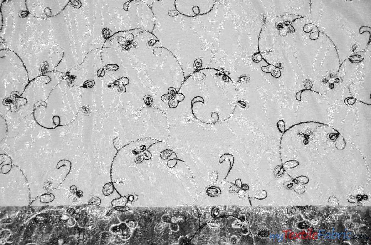 Dahlia Organza Embroidery Polyester Fabric - Embroidered Floral Sheer With Sequins Embellishment, 54" Width (1 Yard)
