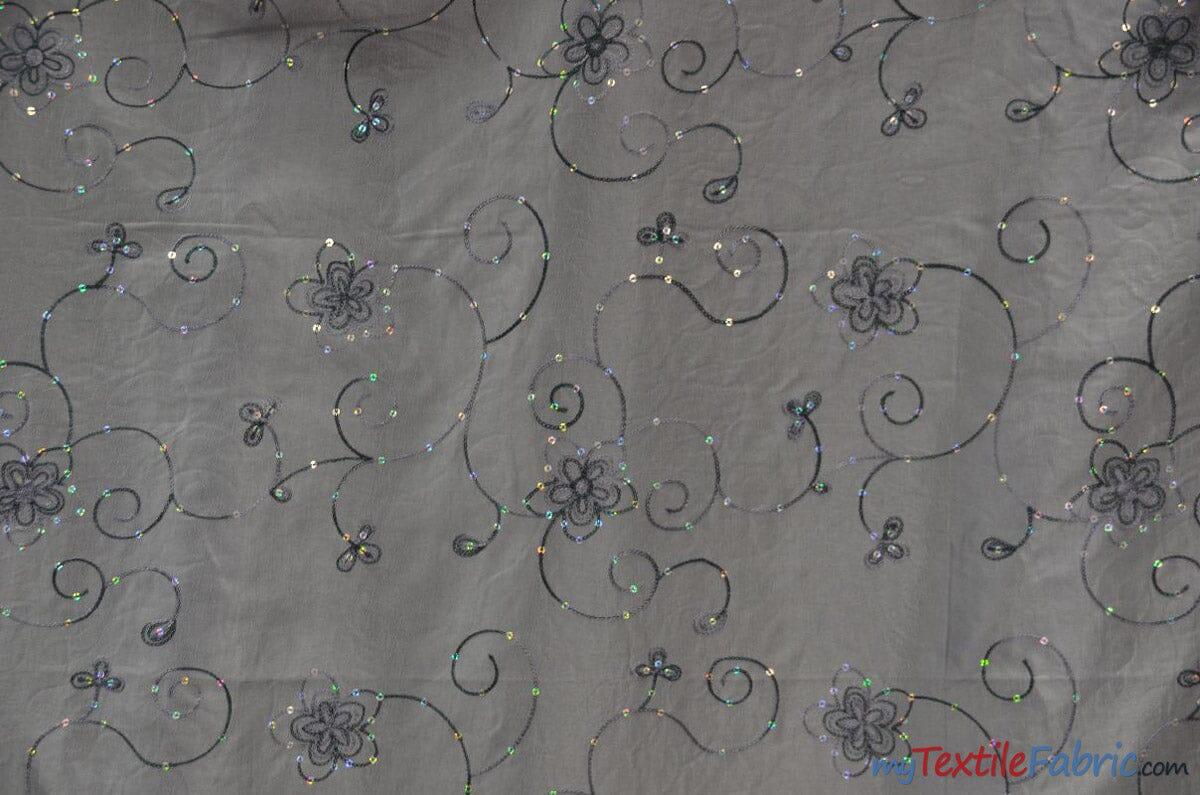 Aurora Taffeta Embroidered Floral Taffeta Fabric - Multi Color Floral Embroidery With Sequins, 54" Width (1 Yard)