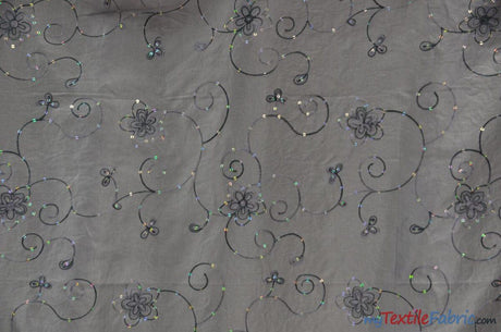 Aurora Taffeta Embroidered Floral Taffeta Fabric - Multi Color Floral Embroidery With Sequins, 54" Width (1 Yard)