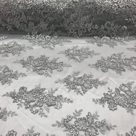 Silver Sequin Lace Fabric With Embroideries On Mesh VT-012 - Silver Embroidered Sequin Lace, Mesh Fabric (1 Yard)