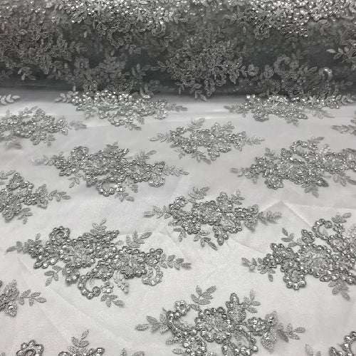 Silver Sequin Lace Fabric With Embroideries On Mesh VT-012 - Silver Embroidered Sequin Lace, Mesh Fabric (1 Yard)
