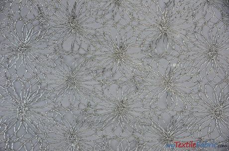 Open Weave Metallic Rose Mesh Polyester Fabric - Silver And Gold, Scalloped Edge, 52" Wide (1 Yard)