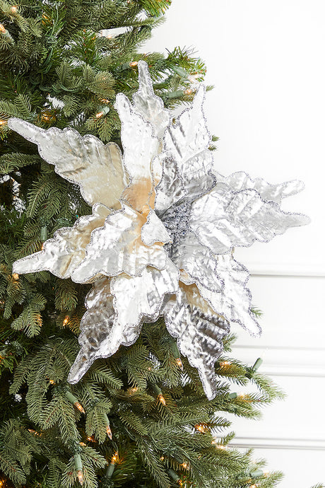 26" x 20.5" Large Silver Metallic Poinsettia Stem
