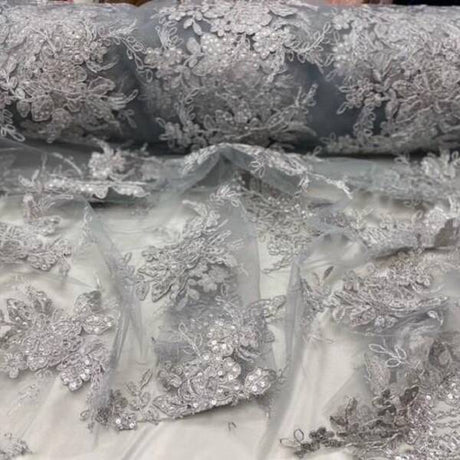 Designer Sequin Lace On Mesh Fabric - Blush, Champagne, Gold, Hunter Green, Red, Silver, White, 52" Width (1 Yard)