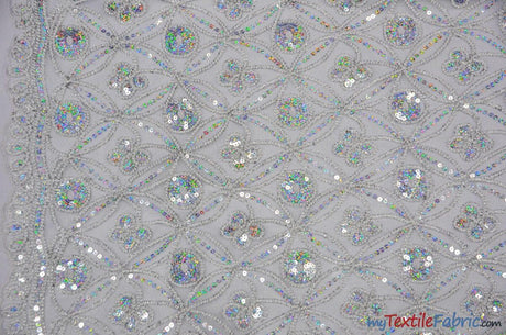 Coco Star Sheer Embroidery Fabric - Champagne, Gold, Silver Star Sequins, Double Scallop Lace, 52" Width
