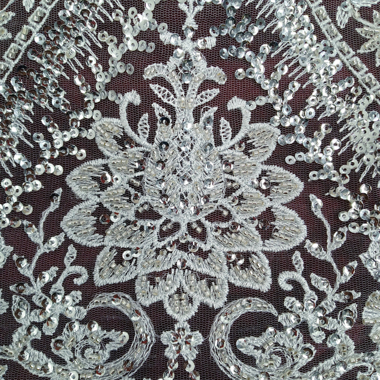 Beaded Sequined Lace Fabric on Polyester Net Mesh