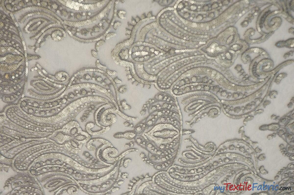 Medallion Bridal Lace Polyester Fabric - Sequins Damask Embroidery, Sheer White, 52" Width (1 Yard)