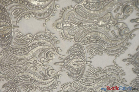 Medallion Bridal Lace Polyester Fabric - Sequins Damask Embroidery, Sheer White, 52" Width (1 Yard)